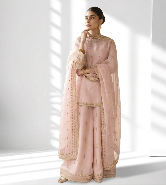 Pink Plazo – 3 Piece Suit (Lawn + Orginza Duptta)